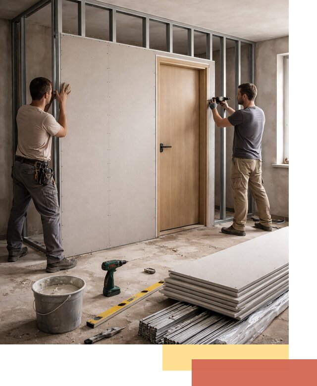 Перегородка из гипсокартона с дверью под ключ в Боровичах