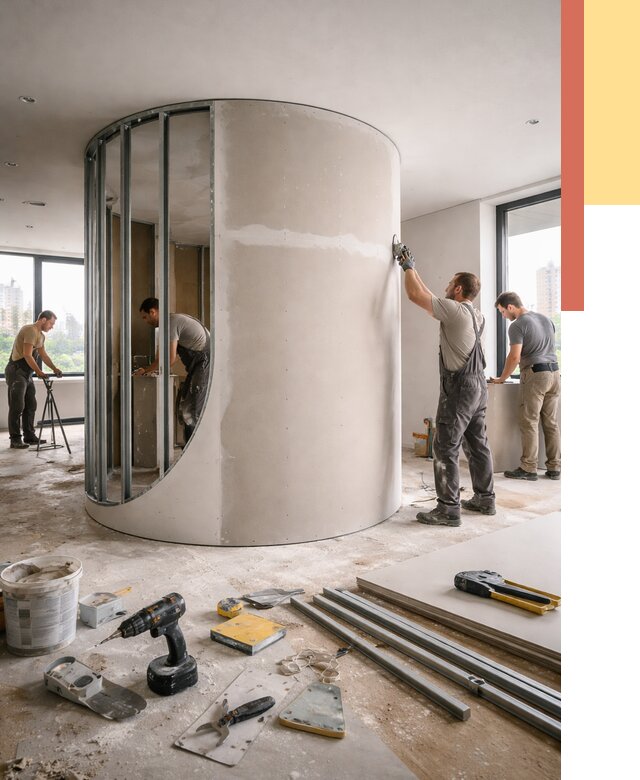 Радиусная перегородка из гипсокартона в Боровичах от 3023 руб. под ключ | ОТДЕЛОЧНИК-Брв