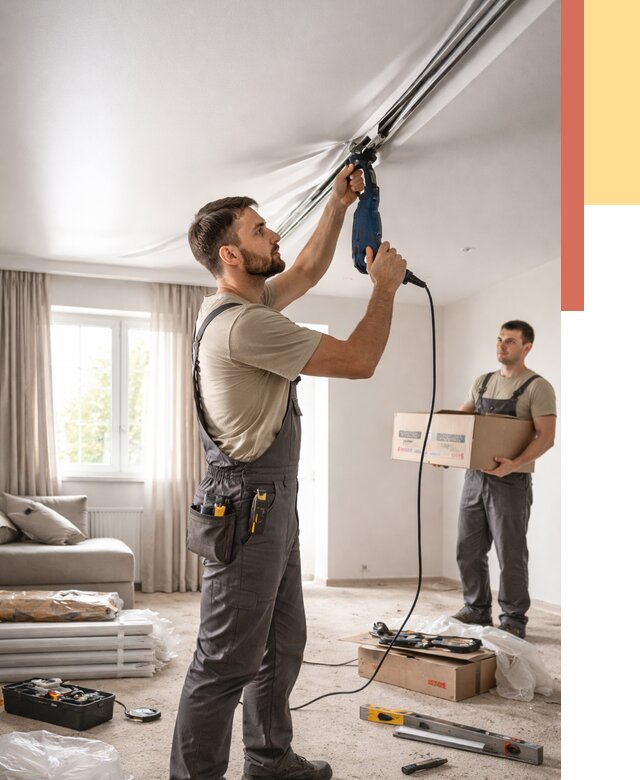 Монтаж сатинового натяжного потолка в Боровичах от 3648 руб. | Быстро, недорого — ОТДЕЛОЧНИК-Брв