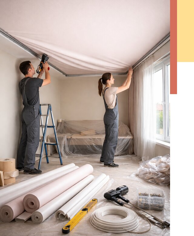 Монтаж цветного натяжного потолка в Боровичах от 4378 руб/м² — быстро и недорого | ОТДЕЛОЧНИК-Брв