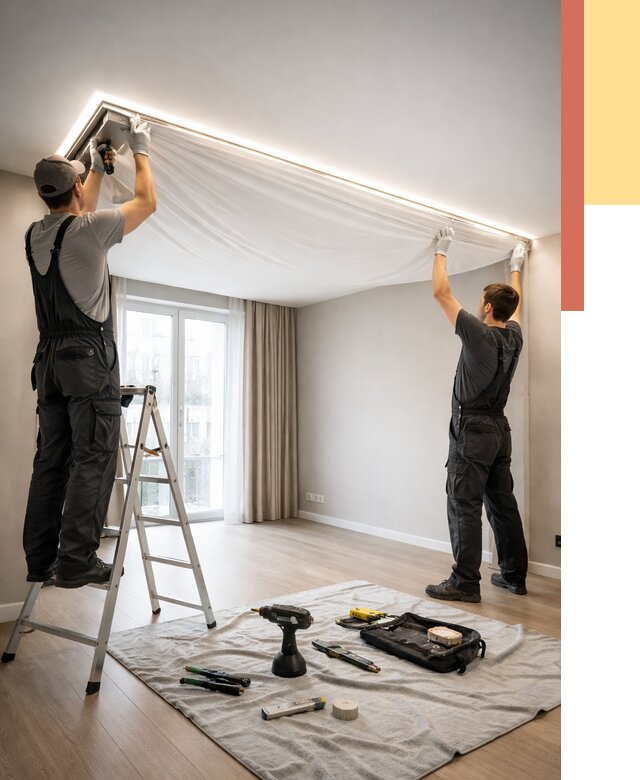 Монтаж парящего натяжного потолка в Боровичах от 4690 руб. быстро и недорого | ОТДЕЛОЧНИК-Брв