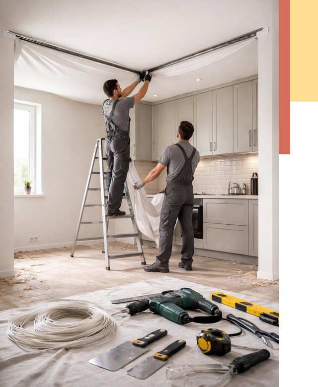 Установка натяжного потолка на кухне в Боровичах от 2502 руб. | ОТДЕЛОЧНИК-Брв