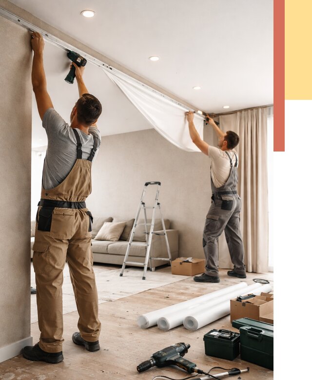 Монтаж натяжного потолка в гостиной в Боровичах от 573 руб. | ОТДЕЛОЧНИК-Брв