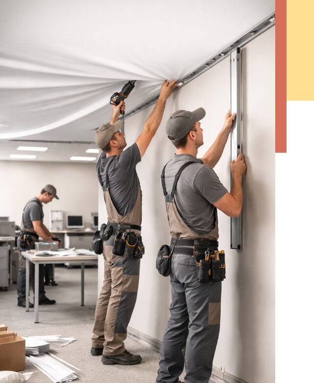 Монтаж натяжного потолка в офисе в Боровичах от 469 руб/м² — быстро и недорого | ОТДЕЛОЧНИК-Брв