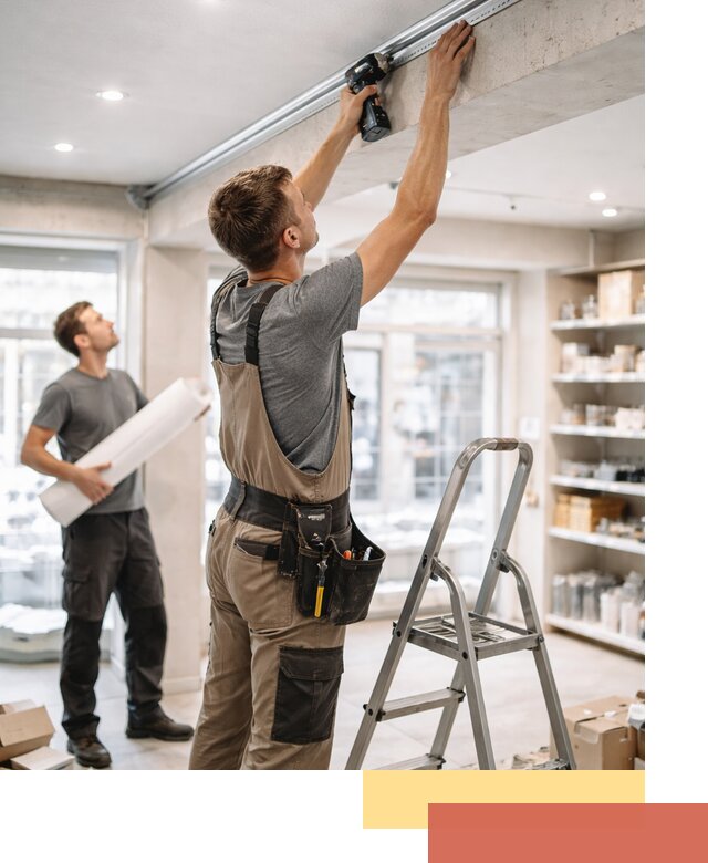 Монтаж натяжных потолков в магазине в Боровичах