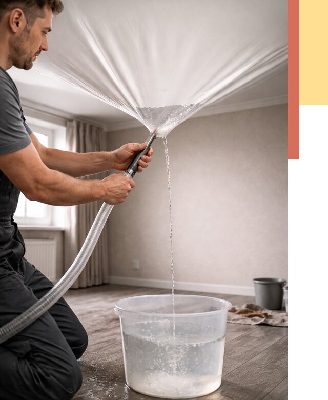 Слив воды с натяжного потолка в Боровичах от 2606 руб. быстро и недорого | ОТДЕЛОЧНИК-Брв