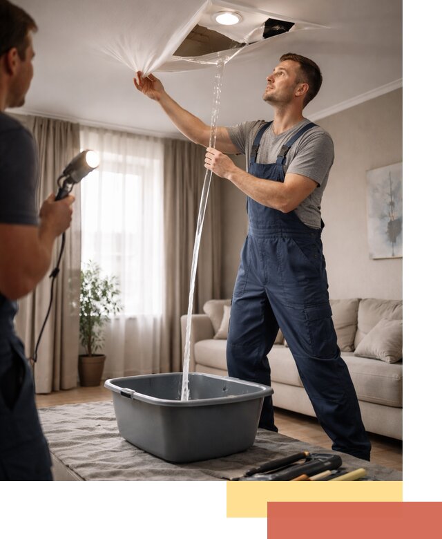 Слив воды с натяжного потолка в Боровичах быстро и аккуратно