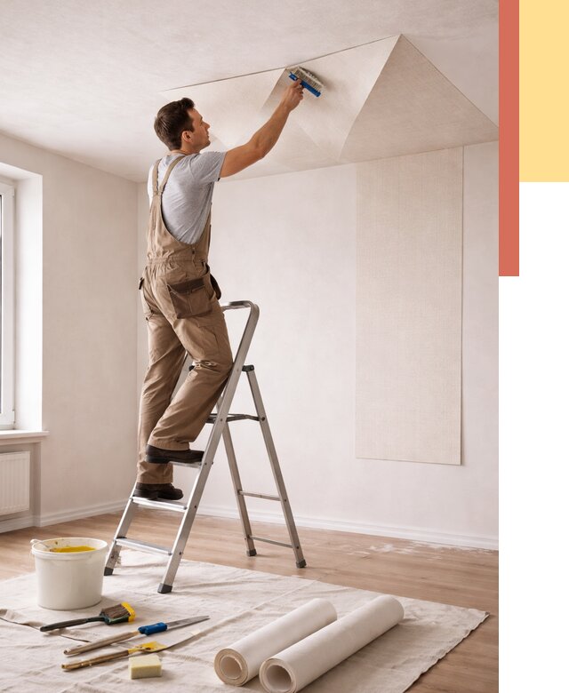 Поклейка обоев на потолок в Боровичах от 4690 руб. быстро и недорого | ОТДЕЛОЧНИК-Брв